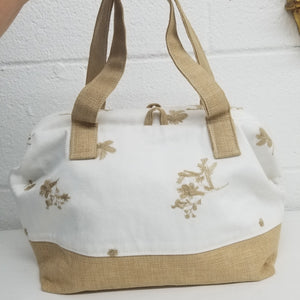 Embroidered Floral White Denim Handbag