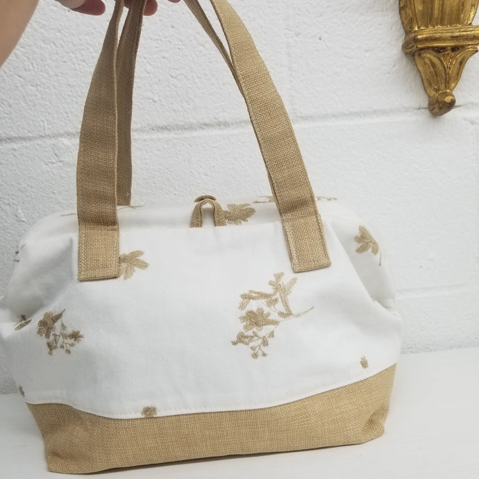 Embroidered Floral White Denim Handbag