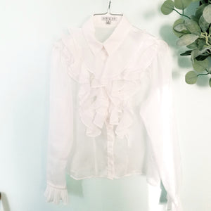 Ruffle Trim Long Sleeve Blouse White