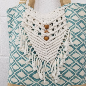 Macrame Aqua Rhombus Print Beach Bag