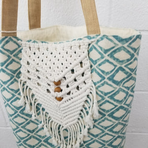 Macrame Aqua Rhombus Print Beach Bag