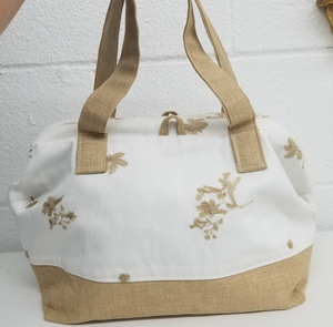 Embroidered Floral White Denim Handbag