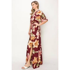 Floral 1/2 Sleeve Waist Band V-Neck Slit Maxi Dress