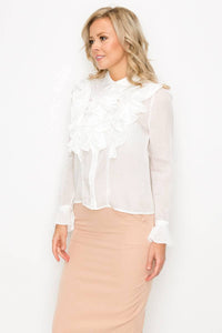 Ruffle Trim Long Sleeve Blouse White