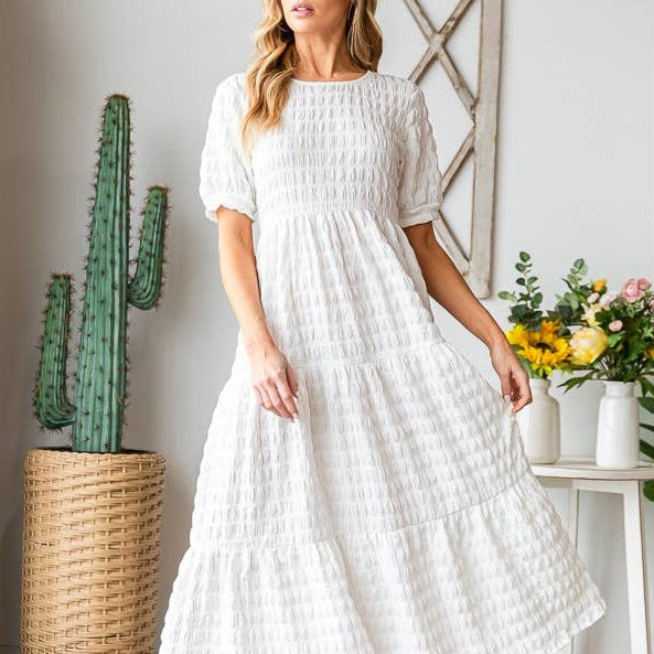 Elegant Bubble Texture Long Dress: White XL