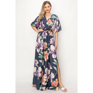 Floral 1/2 Sleeve Waist Band V-Neck Slit Maxi Dress