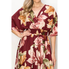 Floral 1/2 Sleeve Waist Band V-Neck Slit Maxi Dress