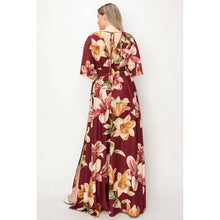 Floral 1/2 Sleeve Waist Band V-Neck Slit Maxi Dress