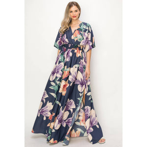 Floral 1/2 Sleeve Waist Band V-Neck Slit Maxi Dress