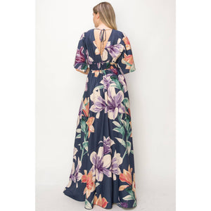 Floral 1/2 Sleeve Waist Band V-Neck Slit Maxi Dress