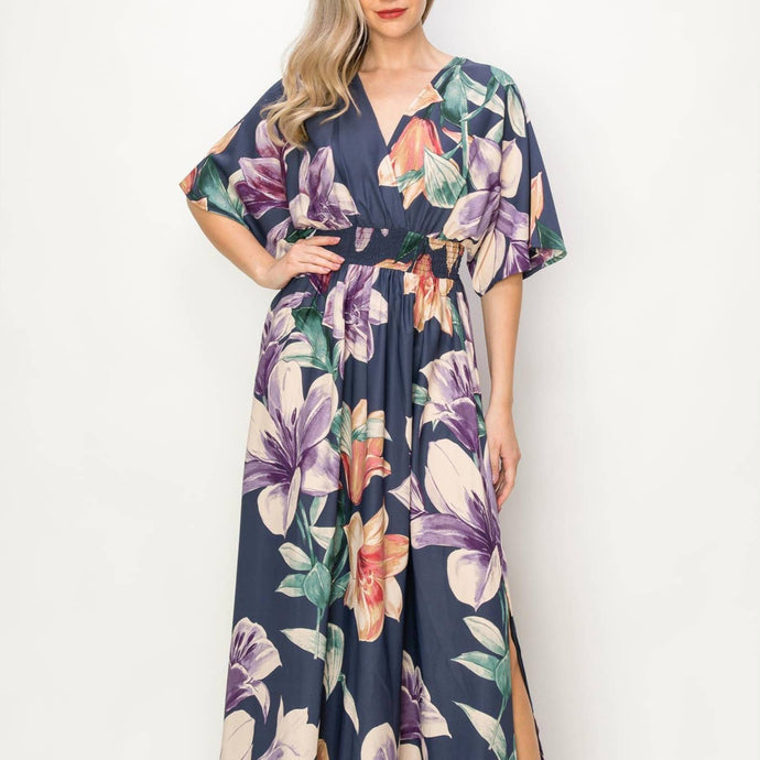 Floral 1/2 Sleeve Waist Band V-Neck Slit Maxi Dress