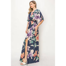 Floral 1/2 Sleeve Waist Band V-Neck Slit Maxi Dress