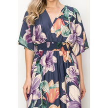 Floral 1/2 Sleeve Waist Band V-Neck Slit Maxi Dress