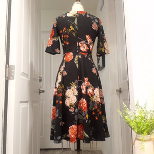 Black Peoney Floral Cap Sleeve Midi Dress Size Medium