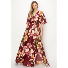 Floral 1/2 Sleeve Waist Band V-Neck Slit Maxi Dress