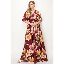 Floral 1/2 Sleeve Waist Band V-Neck Slit Maxi Dress