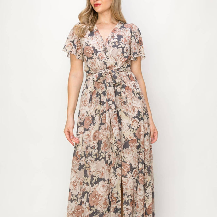 Floral Chiffon Wrap Maxi Dress Mauve