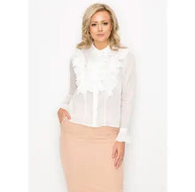 Ruffle Trim Long Sleeve Blouse White